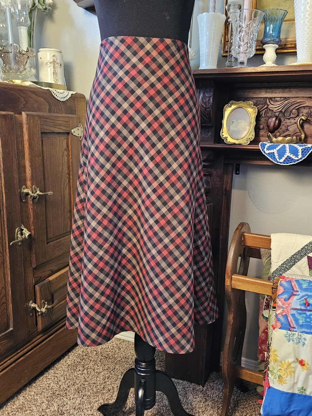 Premise Plaid A-Line Midi Skirt Size 14 Red Black Academia Grunge Preppy
